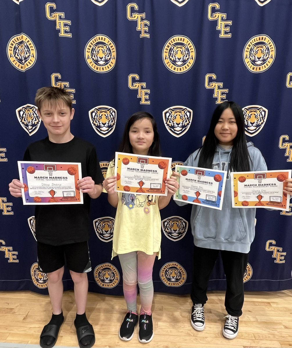 Congratulations to Drew, Nayli, and Vung for winning the typing challenge for their grade. Not pictured-Noah McClain. #proudtobeCTE