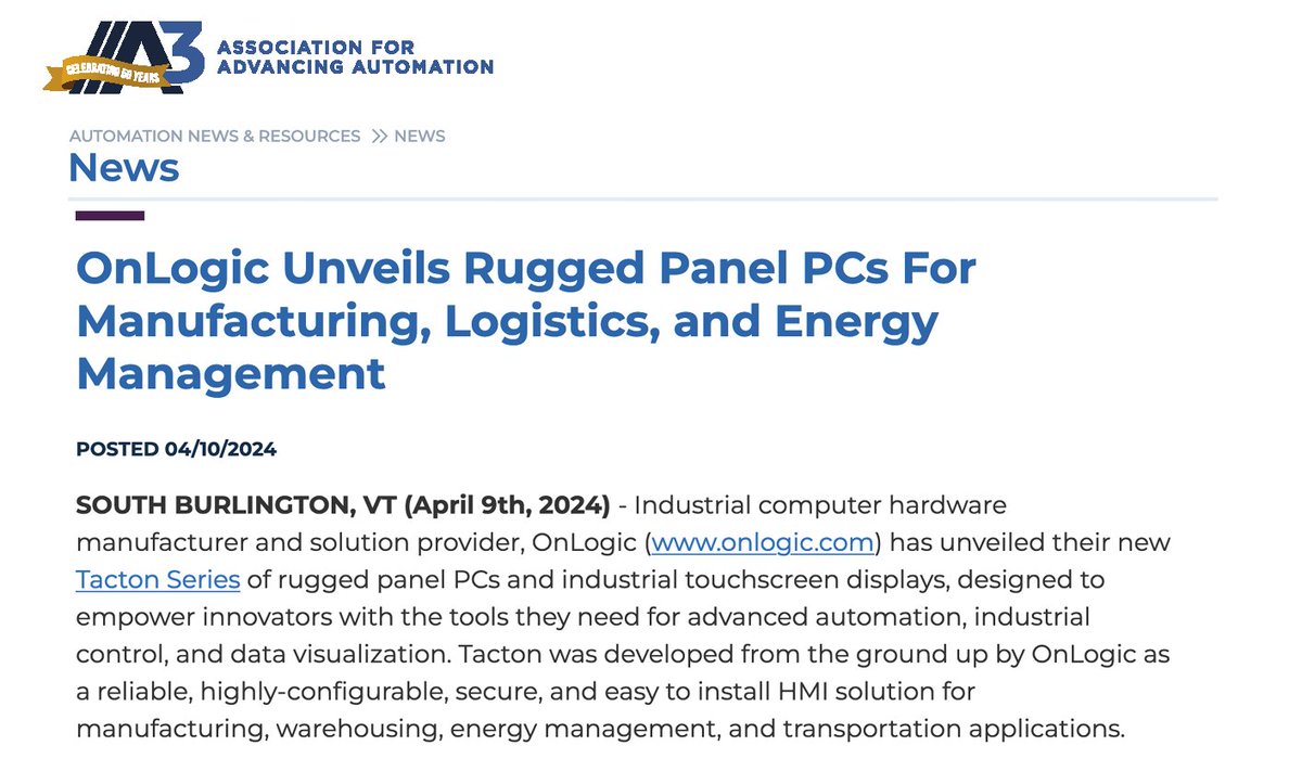 User feedback inspired @OnLogic to develop its new Tacton Series of rugged panel PCs for manufacturing, logistics, and energy management. Get the details: hubs.la/Q02sZj9X0 #A3MemberNews
