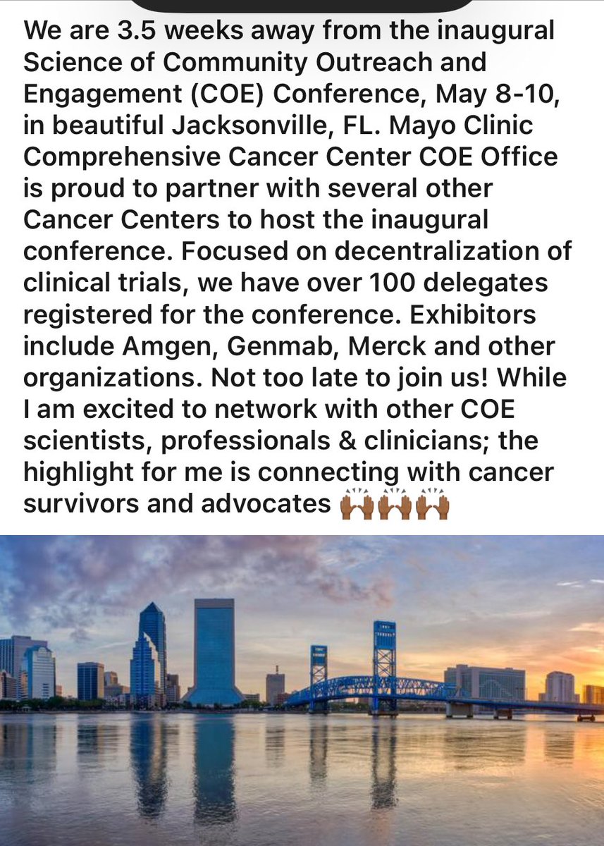 Join @MayoCancerCare : Science of Community Outreach and Engagement (SoCOE) Conference 2024 Jacksonville, FL US May 8, 2024 to May 10, 2024.