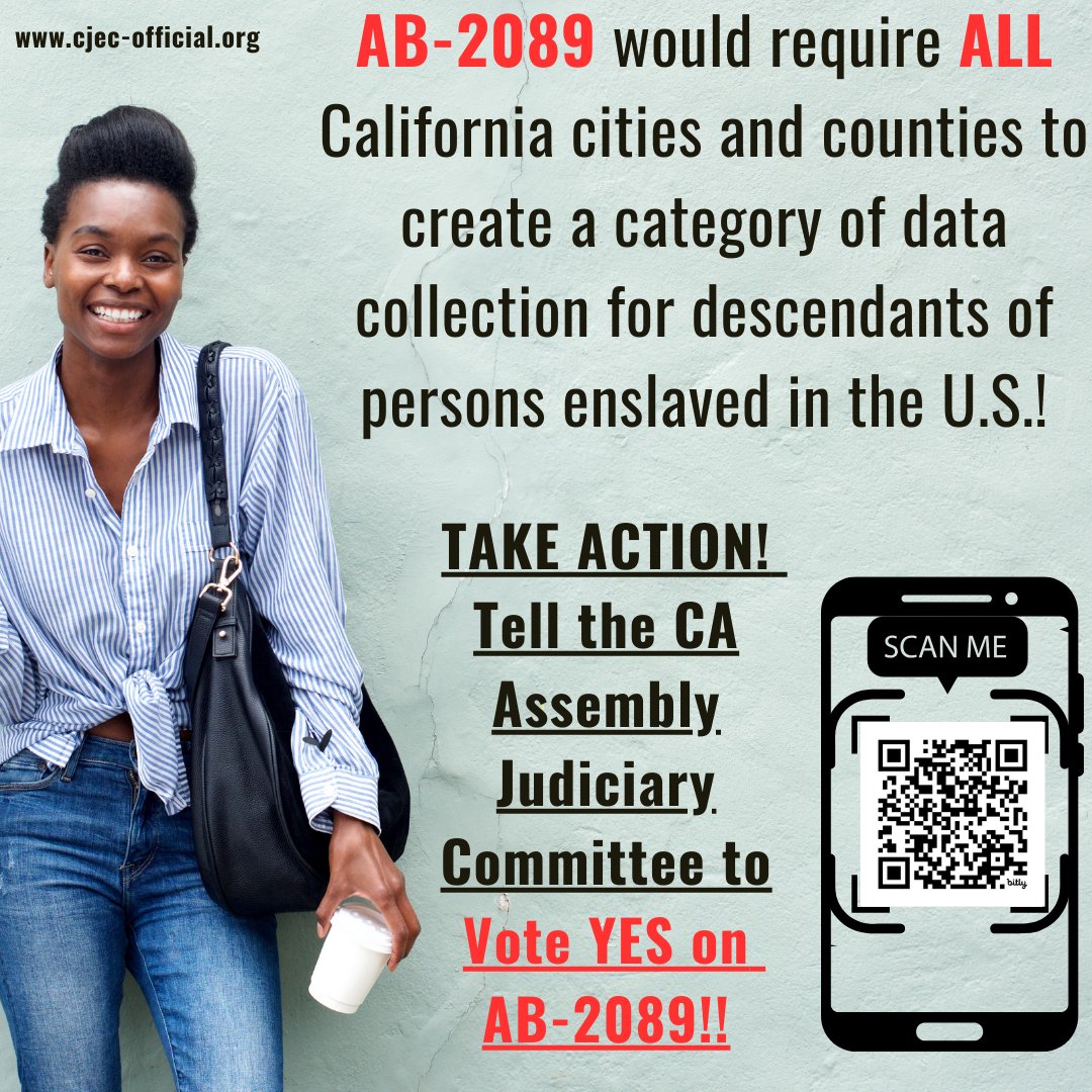 cjecofficial's tweet photo. 📣📣 Call to Action!! AB-2089, our bill to help CLOSE the #lineage data gap by requiring ALL California cities and counties to create a category of data collection for descendants of persons enslaved and emancipated in the U.S., will be HEARD by the California Assembly Judiciary Committee on Tues 4/16! Contact the Committee NOW and tell them to vote YES on SB-1331!

Take ACTION NOW! Click: https://t.co/GStAw50cpo

@cjecofficial #CALeg #SupportAB2089 #lineage
