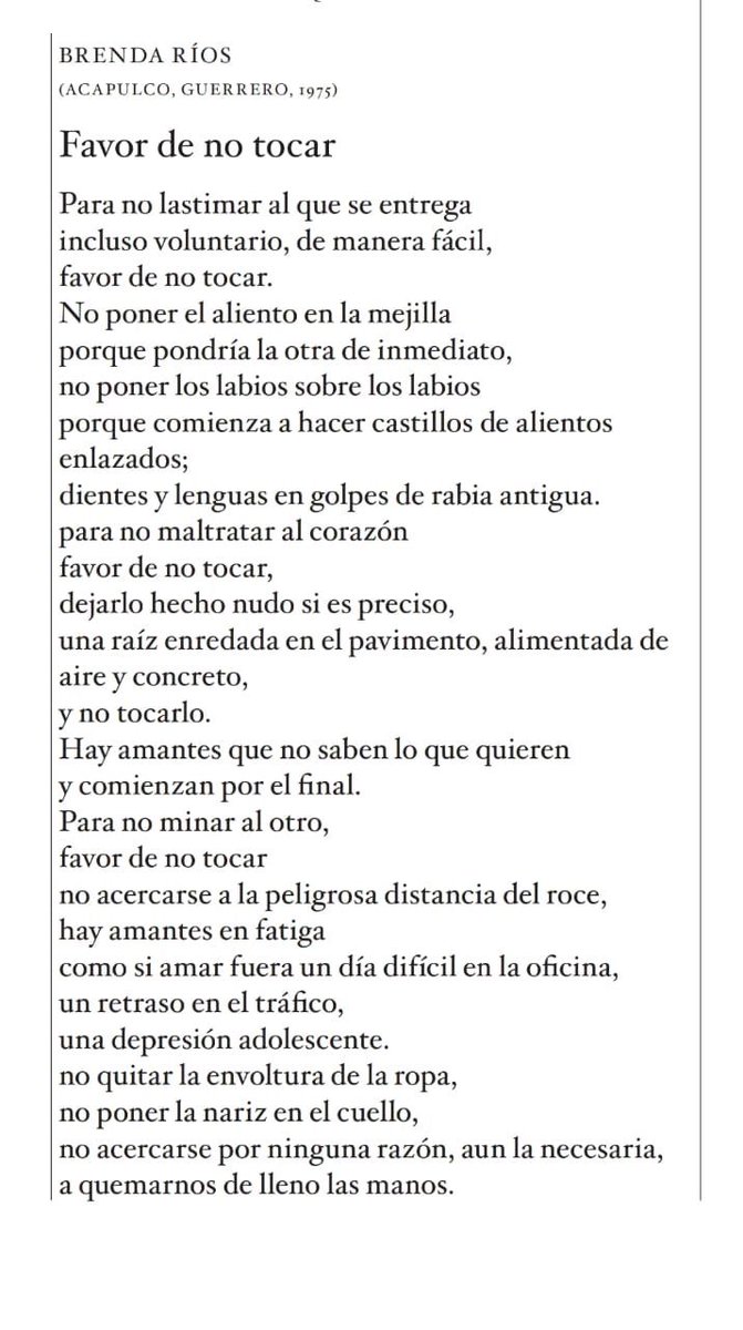 TeamPoetero's tweet photo. "para no maltratar al corazón
favor de no tocar,
dejarlo hecho nudo si es preciso,
una raíz enredada en el pavimento, alimentada de
aire y concreto,
y no tocarlo."

Brenda Ríos
(México, 1975) https://t.co/r7clfE2D7k