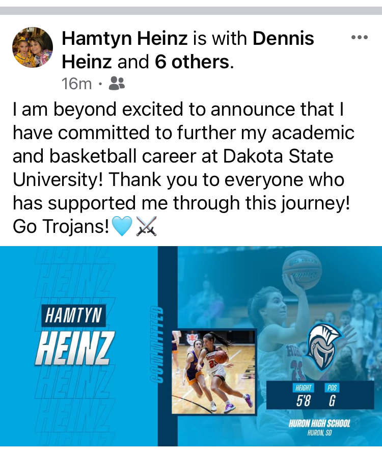 Jeff Duffy (@jeffdduffy) on Twitter photo Hamtyn Heinz #hurontigers will play basketball at Dakota State University <a href="/dakotastate_wbb/">Dakota State University Women's Basketball</a> was 2nd team AA all state this past winter #sdpreps Hamtyn Heinz #hurontigers will play basketball at Dakota State University <a href="/dakotastate_wbb/">Dakota State University Women's Basketball</a> was 2nd team AA all state this past winter #sdpreps