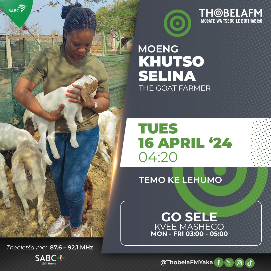 ThobelaFMYaka's tweet photo. #GoSele | Temo ke Lehumo.
🌅 Tsoga molemi! Moeng wa rena mesong ye lehono ke Khutso Selina 'TheGoatFarmer'.
Theeletša mo go 87.6 - 92.1 MHz 📻 | 📱 #SABCPlus https://t.co/qAJIxOJAVh