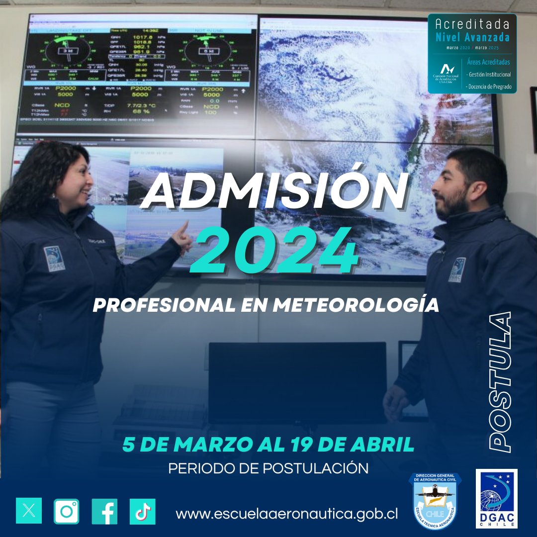 Esc_Aeronautica's tweet photo. Recuerda que hasta el 19 de abril está abierto el proceso de admisión de la carrera Profesional en Meteorología (METEO)  Postula con tu Clave Única en nuestra web.
#PostulaciónETA #TECMET #METEO #EscuelaTecnicaAeronautica @‌dgacchile @museo_aeronáutico https://t.co/Xc3fJhL546