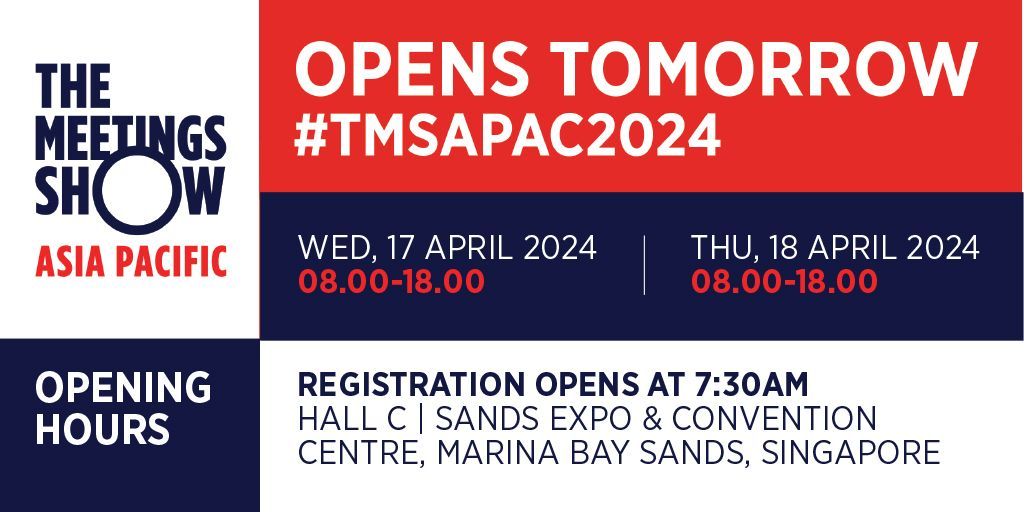🎉 #TMSAPAC2024 opens tomorrow! Get ready for an unforgettable experience at The Meetings Show Asia Pacific 2024. 🤝 1-to-1 Business Meetings 🎤 Engaging Conference Sessions 🌐 Global MICE Exhbition ✨ Tech Campfire Showcase 🍸 Exclusive Networking Events See you there!