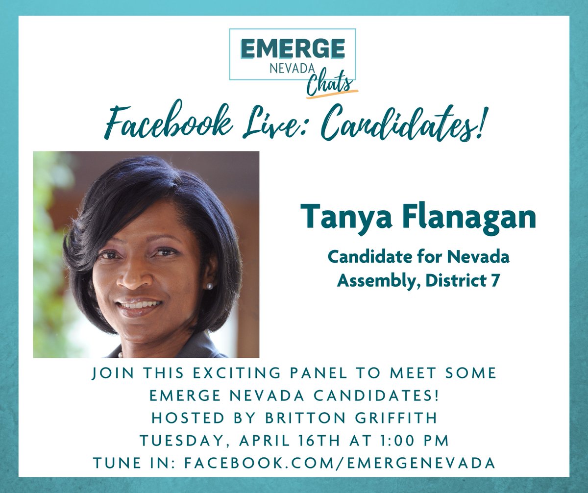Join us on Emerge Chats tomorrow with candidate for Assembly District 7 @Tanya_Flanagan! You won't want to miss this exciting conversation -- see you at 1 pm 👋 Facebook.com/EmergeNevada