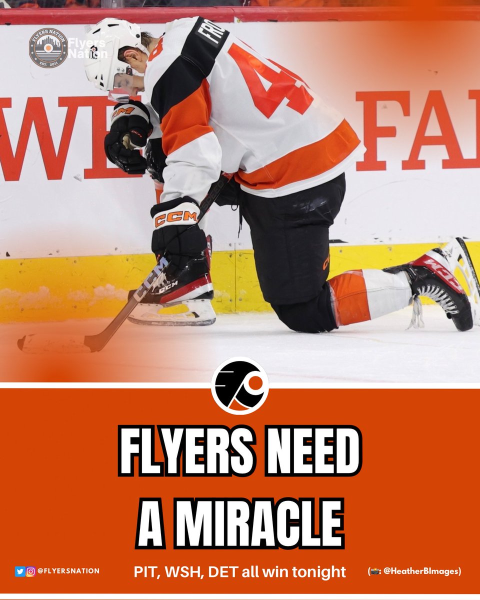 FlyersNation's tweet photo. The #Flyers are on life support after the games tonight. 

For PHI to make the playoffs…they need the following: 

-Regulation win against WSH tomorrow
-DET regulation loss against MTL tomorrow
-PIT regulation loss against NYI Wednesday https://t.co/r2xo9IBQPV