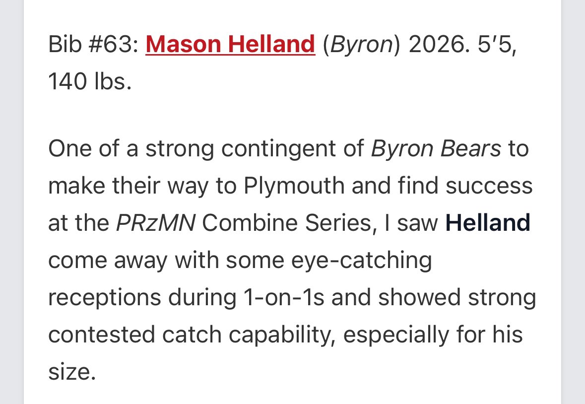 Thanks @PrepRedzoneMN @OJW_Scouting for the write up. Was a great showcase and looking forward to coming to more. @ByronMNFootball @CoachHalder @LukeSnell7