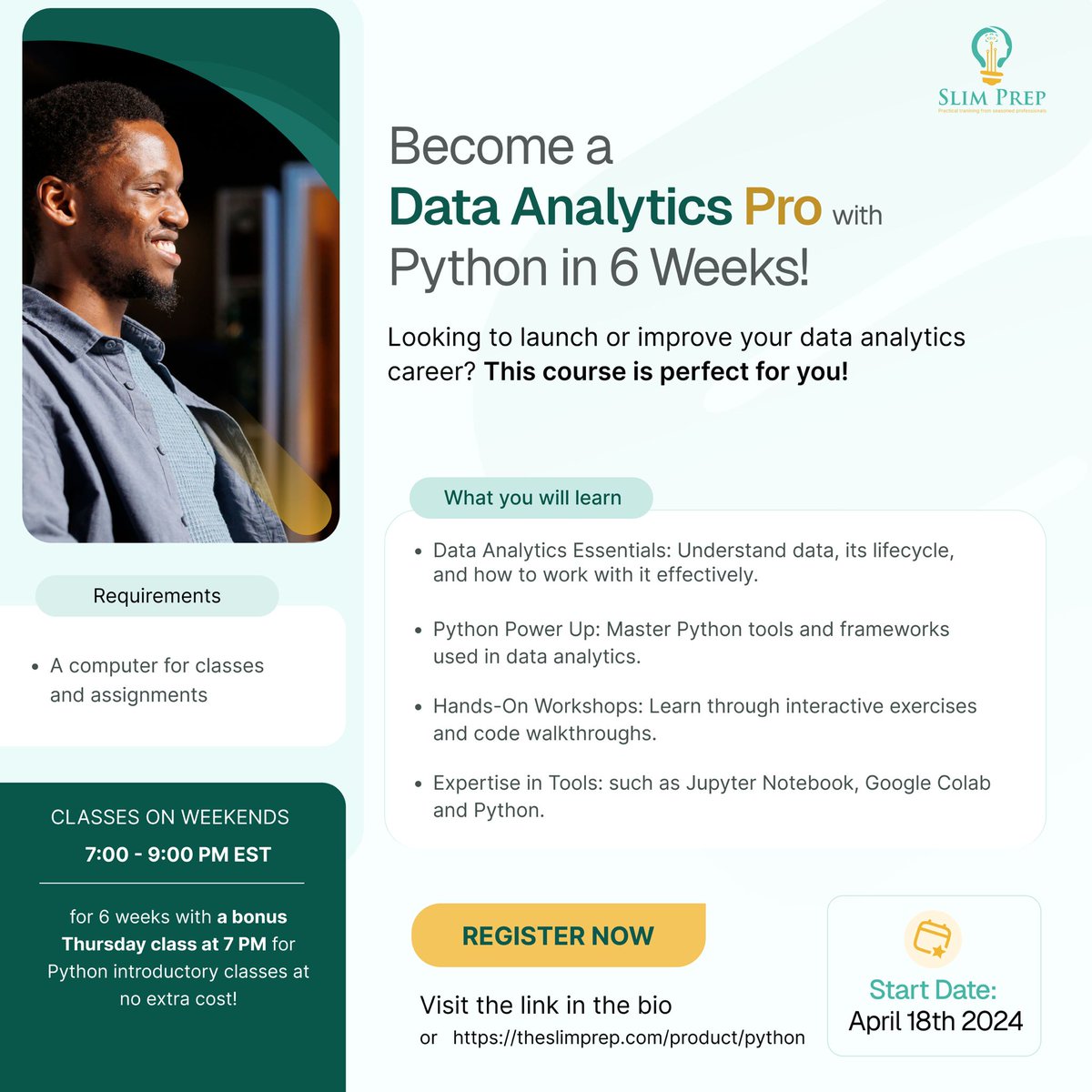 theslimprep's tweet photo. 📊 🌟 Transform your future! Master Data Analytics & Python to unlock AI/ML expertise with our course starting April 18. Leap into a tech career!
Visit https://t.co/6NJkHtOczN 📞 647-877-0399
#Data #Python #CareerTransformation #PythonForData #CodeLearning #LearnPython https://t.co/x2cHNL46fy