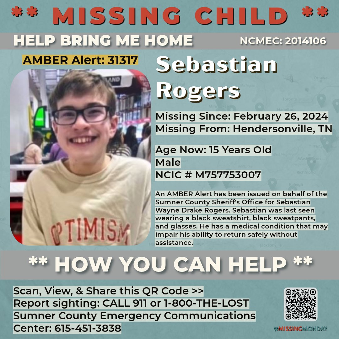 FBI_Nashville's tweet photo. Please help us find Sebastian Rogers, 15, this #MissingMonday, who was last seen Feb. 26, 2024 in Hendersonville, TN. Please call Sumner County Emergency Communications Center at 615-451-3838 or @NCMEC at 1-800-THE-LOST if you have ANY information.

https://t.co/JsRARz9xaO https://t.co/UP6eaSwhCN