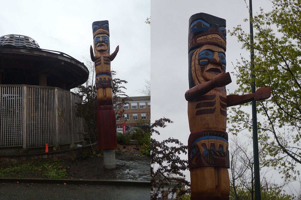Fantastic welcoming pole stands beside the carving pavilion in Britannia, work by Sḵwx̱wú7mesh carver Darren Yelton.
