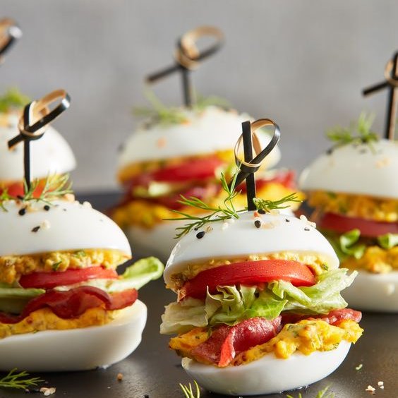 Devilled BLT Egg Sliders Level up traditional devilled eggs with double smoked bacon, crisp lettuce and juicy tomato!