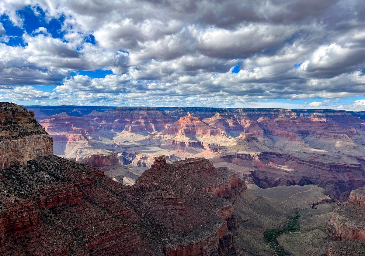 'Mesmerized by the shadows that dance across the canyon, I find one can get lost in time.' —Linda Glover Gooch Monday afternoon clouds give way to a mostly sunny Tuesday with the high South Rim temperature of 67°F (19°C) 4/16/2024. Also warming up at Phantom Ranch with a