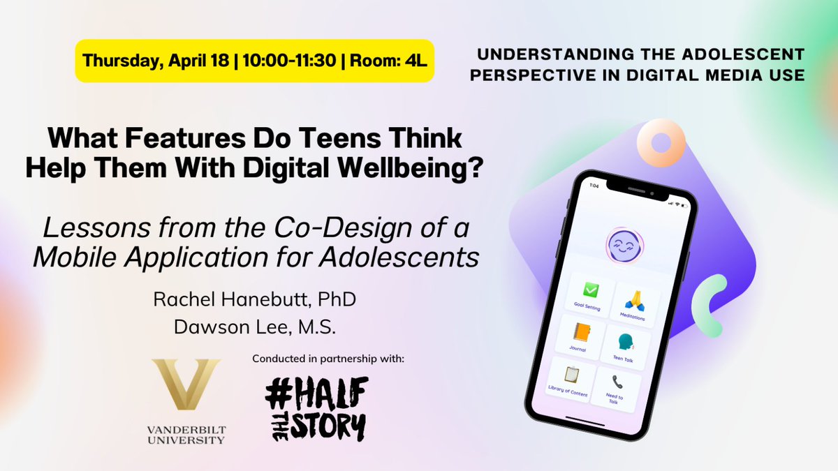 Couldn't be more excited to share some of my dissertation work in partnership w/@livinlikeLARZ & #HalfTheStory at @SRAdolescence on Thursday (4/18) at 10AM in 4L. Come hear about a teen-centered, solutions-focused approach to co-designing for digital wellbeing! #SRACHICAGO2024
