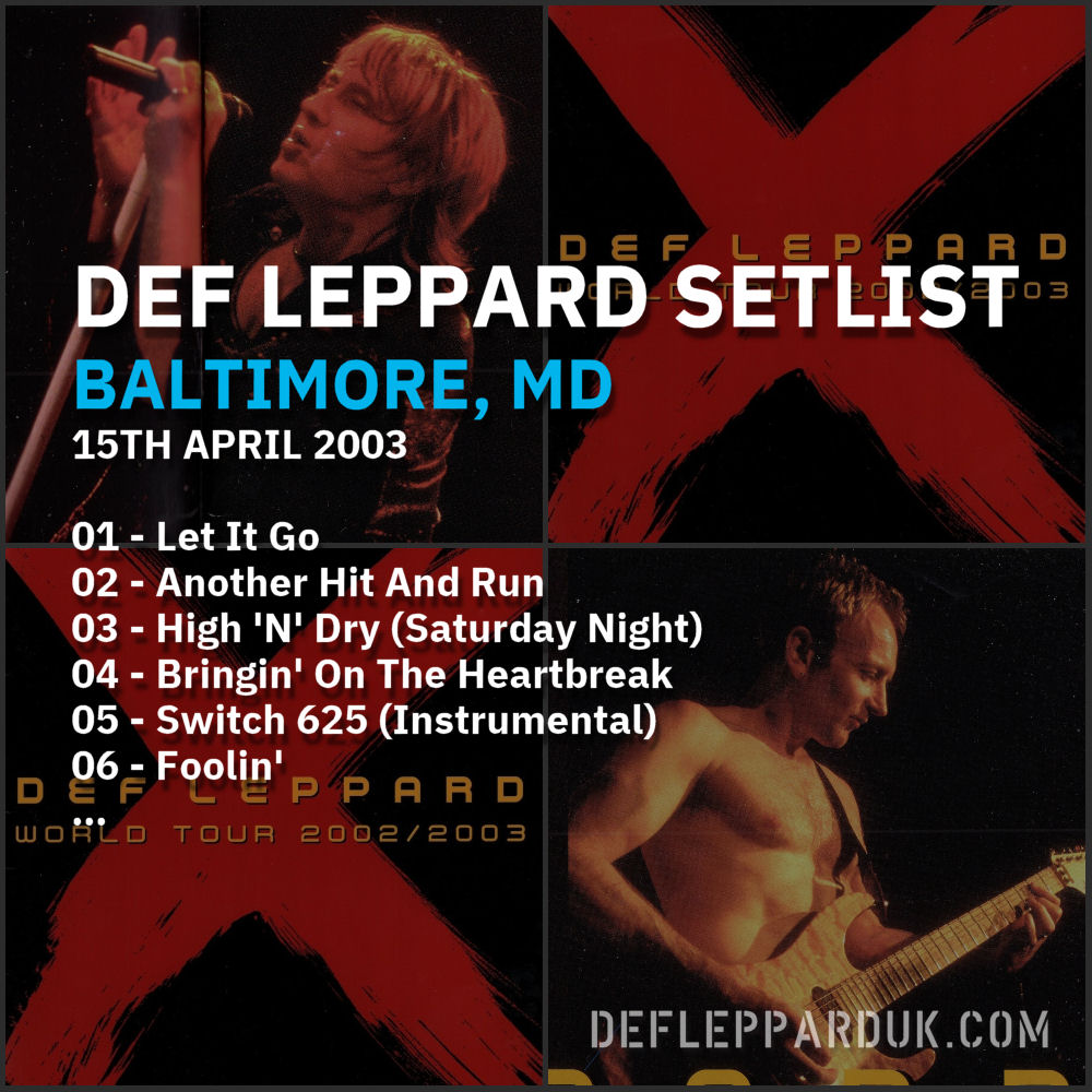 #DefLeppard #Setlist for a show in
#Baltimore MD USA 🇺🇸 21 Years Ago on this day in 2003

01 - Let It Go
02 - Another Hit And Run
03 - High 'N' Dry (Saturday Night)...

#defleppardx #joeelliott #ricksavage #rickallen #philcollen #viviancampbell
deflepparduk.com/2003baltimore.…