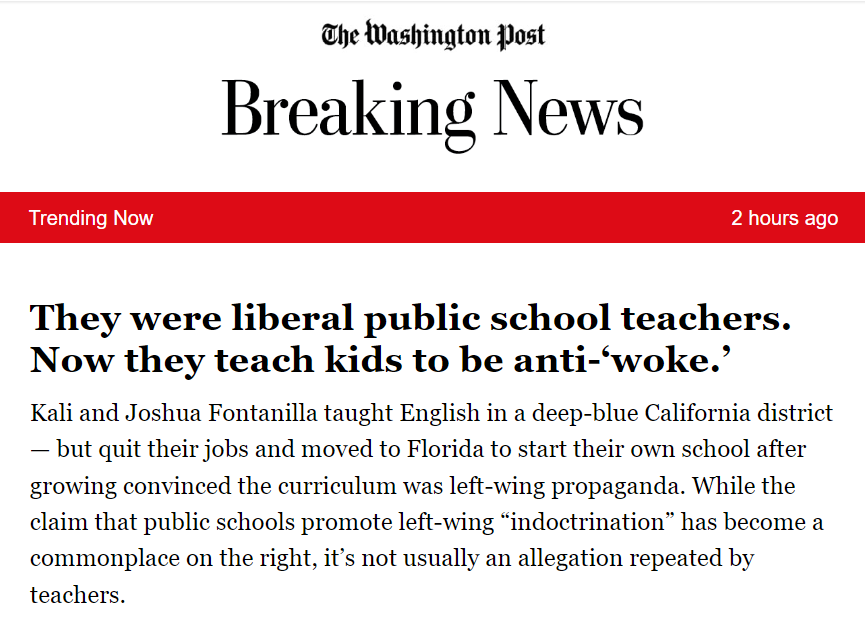 Why report on the several million great teachers trying to do their jobs, beloved by students and their parents, when you can clickbait these two whackjobs trying to get rich off Ron DeSantis' fascism