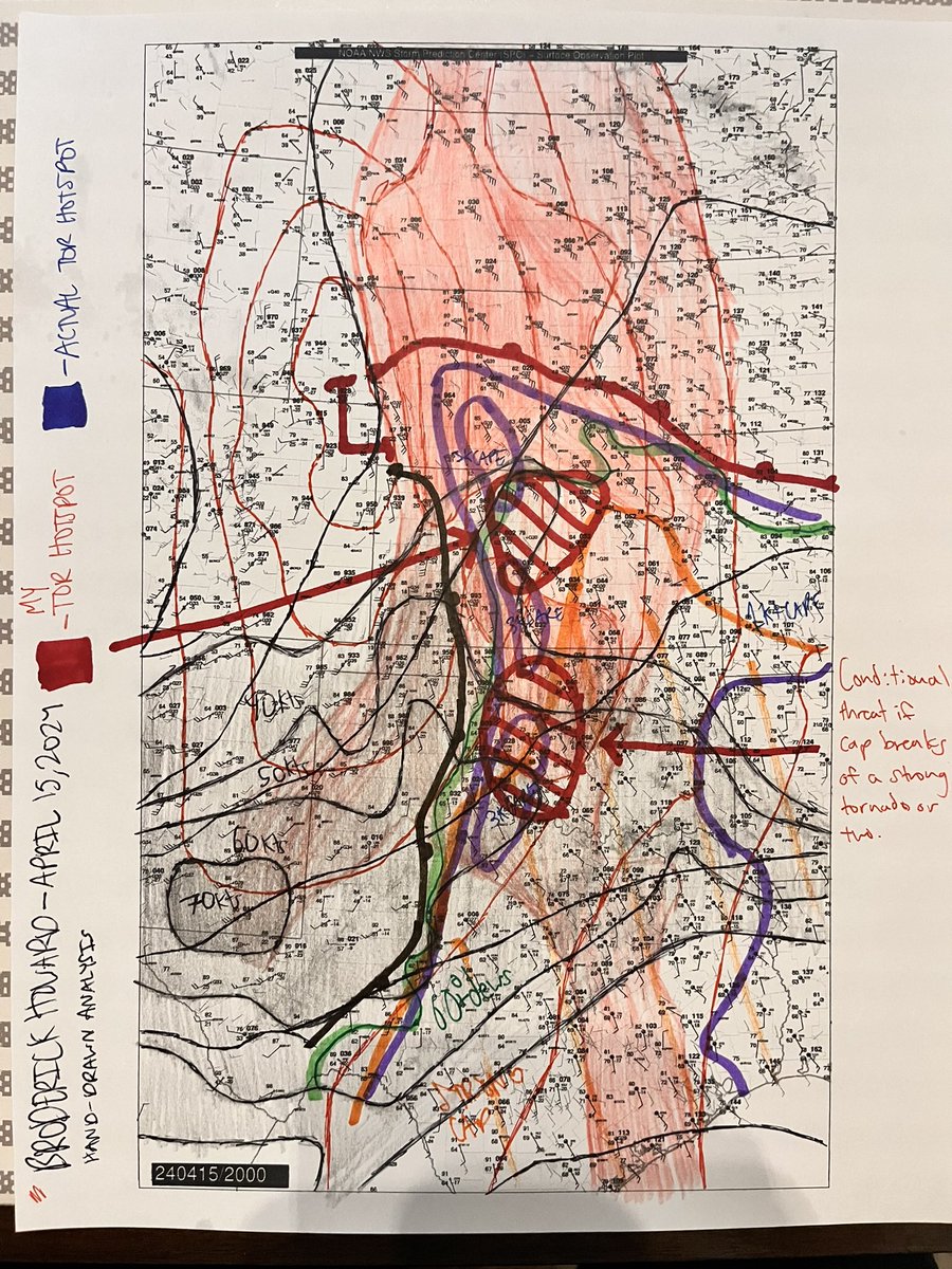 Just finished my hand/drawn analysis of where I believe tonight’s tornado hotspot will be in N Central Kansas, alongside a more conditional strong tornado threat in Western OK. Folks in the official SPC risk areas should have multiple ways to receive warnings. #wxtwitter #okwx