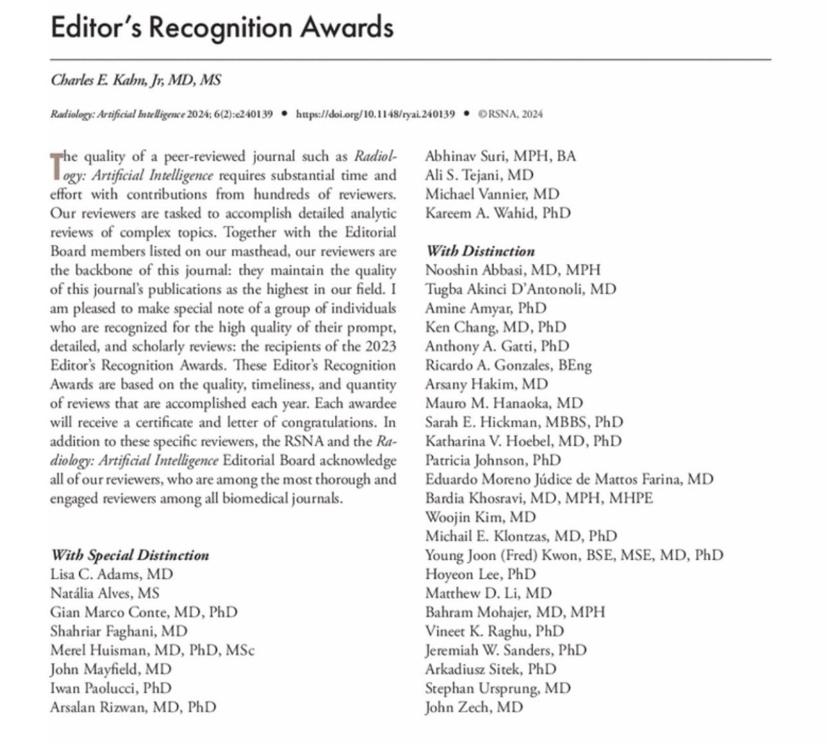 Thrilled to receive the Editor's Recognition Award for reviewing with Special Distinction from @Radiology_AI. A heartfelt thank you to @cekahn , @judywawira , and the #RadAI Editorial Board for this honor and for providing unique opportunities to learn and grow.