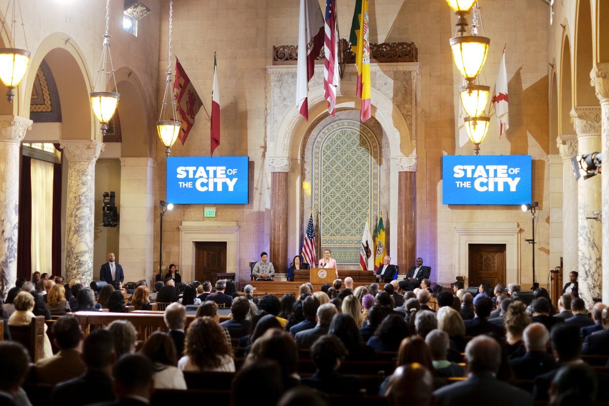 #LosAngeles Mayor #KarenBass delivers the State of the City address to city council members and invited guests at Los Angeles City Hall on Monday.