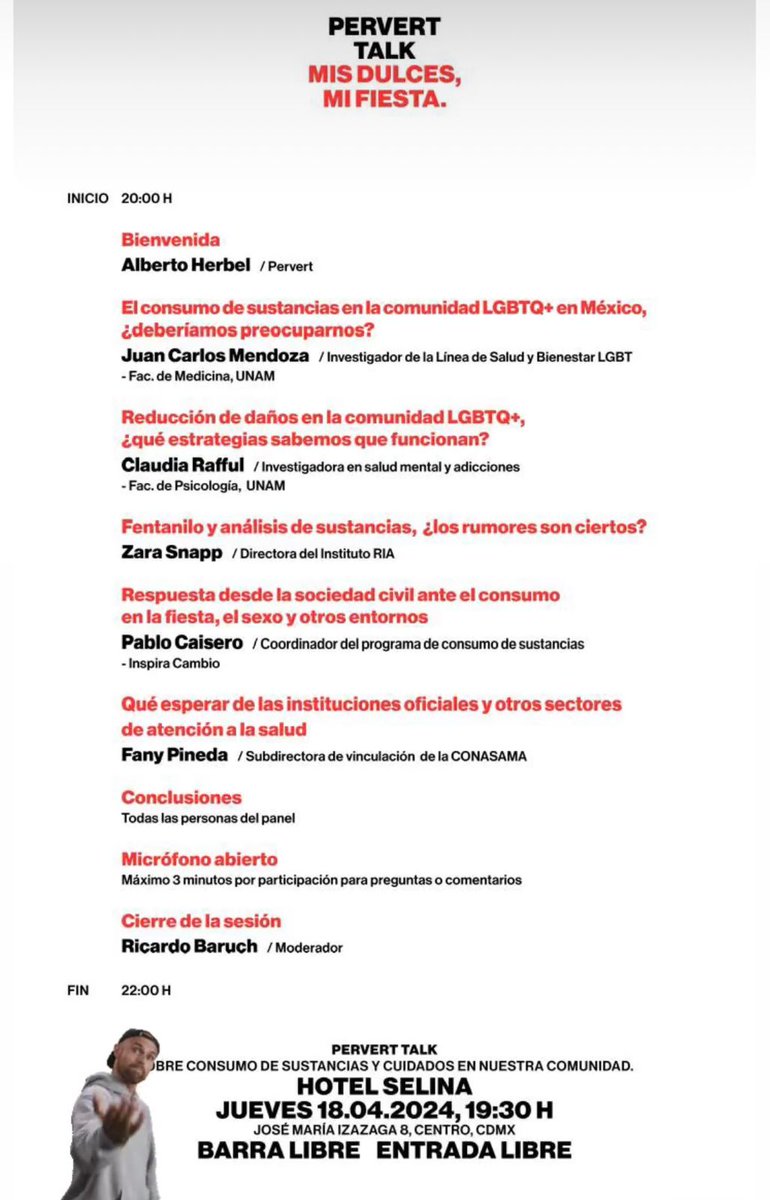 ¿Es verdad que están mezclando fentanilo a otras drogas? ¿Es cierto que muchxs LGBT+ fuman o se inyectan cristal? ¿Acaso hay servicios de salud para personas 🏳️‍🌈🏳️‍⚧️ que usan drogas? Eso y más trataremos de responder en la #PervertTalk by @pervert_mx el próximo jueves en CDMX👇🏽