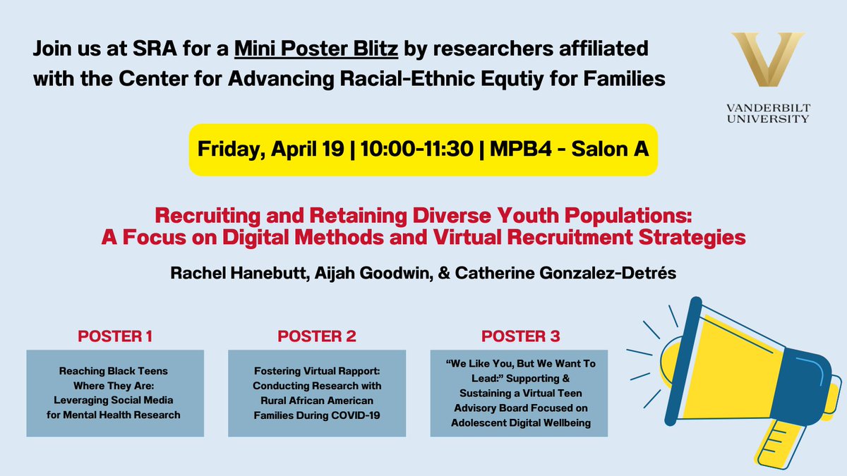The Center for Advancing Racial-Ethnic Equity for Families, directed by Dr. <a href="/murryvelma19153/">@murryvelma</a> is proud to present this mini-poster blitz at <a href="/SRAdolescence/">Society for Research on Adolescence</a> on Friday, April 19th at 10AM in Salon A! Come learn how to recruit &amp; retain diverse youth populations! #SRACHICAGO2024