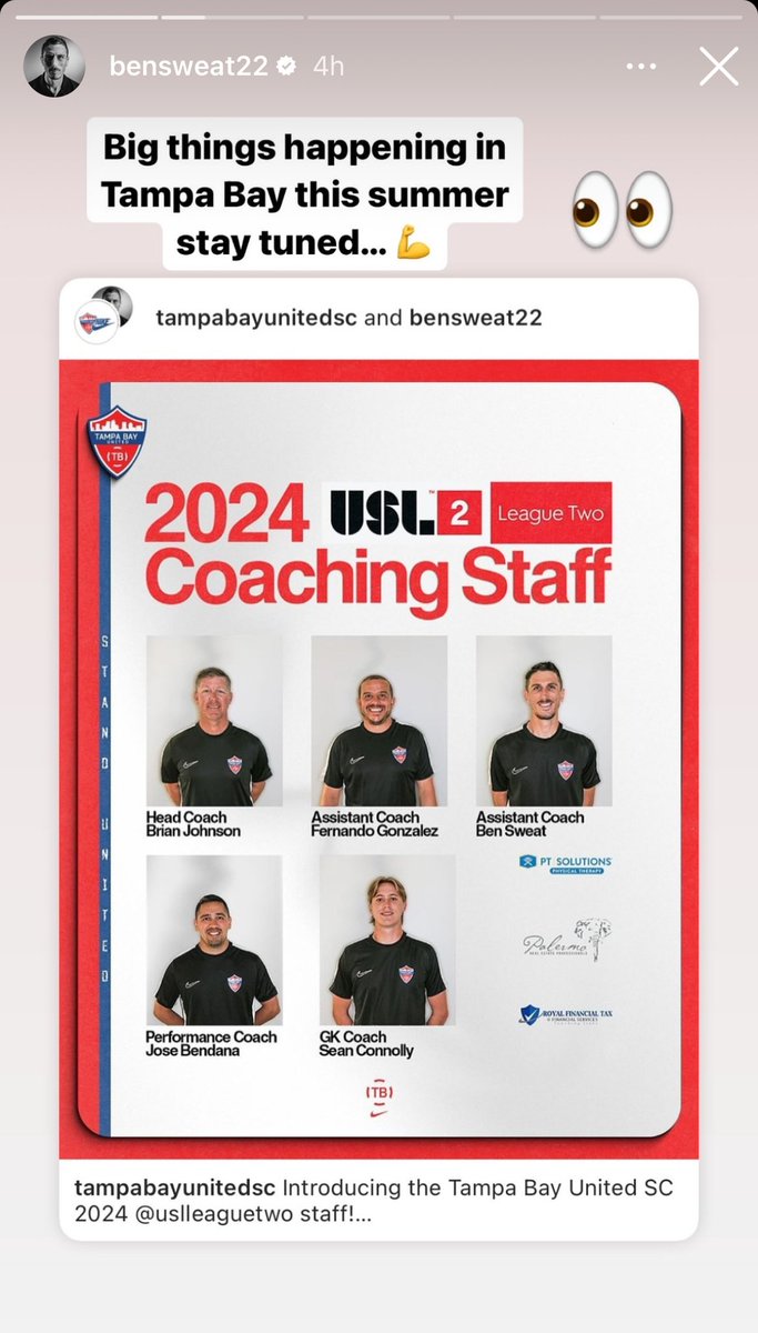 CalebPongratz10's tweet photo. Former New England Revolution defender Ben Sweat has announced via Instagram that he has been signed as an assistant coach for Tampa Bay United SC of the @USLLeagueTwo
Sweat retired from professional soccer on March 21st
Congrats Ben !!
#FormerRevs | #NERevs | #USLLeagueTwo https://t.co/G7HvFpvzT0