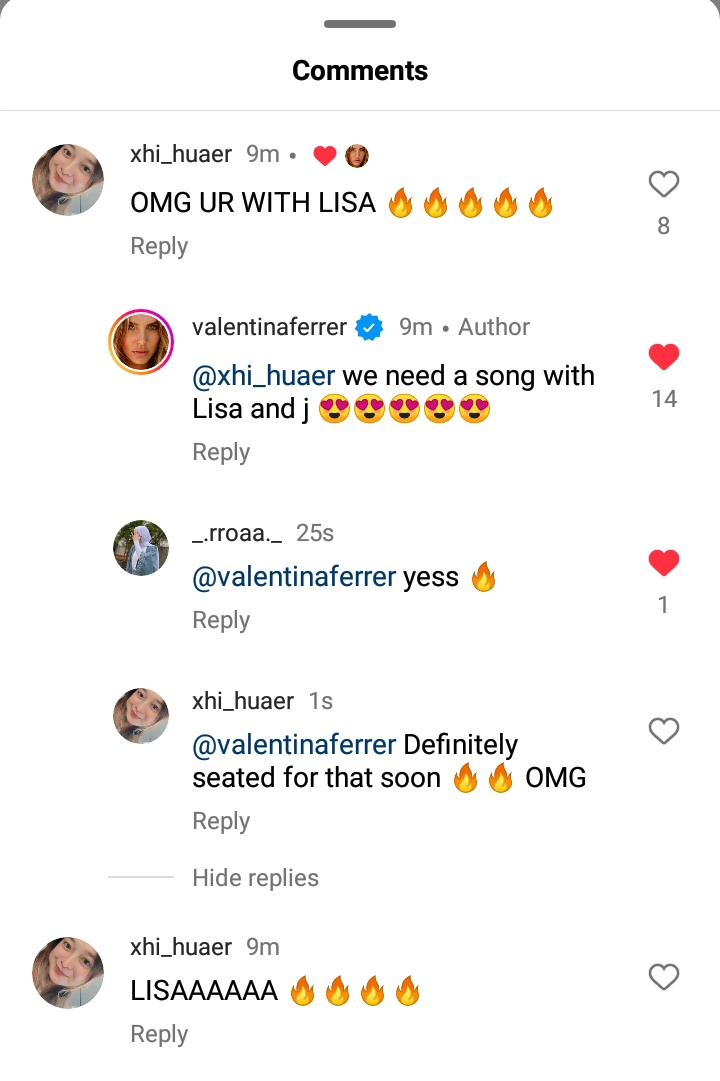 OMG SHE COMMENTED WTF 👀
via Valentinaferrer IG post

'We need a song with Lisa and J 🥰🥰🥰🥰'

WTFFFFFFFFFFF OMG