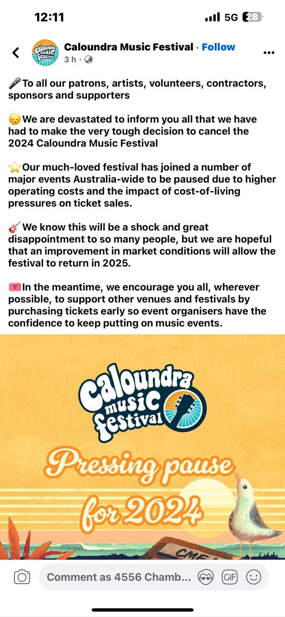 Sad news that the #caloundramusicfestival is not happening this year. 😢 
Hope it makes a return next year 🤞 

#CMF #Caloundra #sunshinecoast #queenslandevents <a href="/CouncilSCC/">Sunshine Coast Council</a>