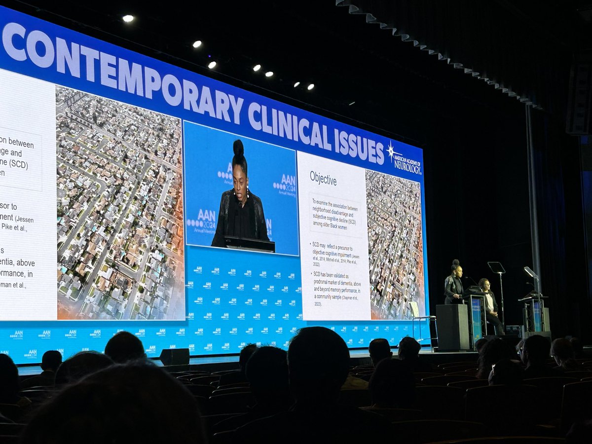 Groundbreaking research on neighborhood deprivation as a risk factor for subjective cognitive impairment in African-America women by @TanishaHillJ and powerful commentary by @Rainacroff 🔥#AAN2024 Glad to be alive to see this.