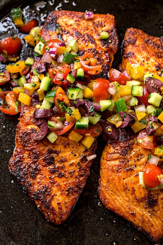 brownalice55796's tweet photo. This succulent pan seared salmon is wonderfully simple to prepare, topped with a cool and colorful Mediterranean salsa fresca. https://t.co/e1ILajNDFe