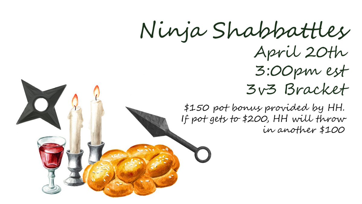 Hosting a #SCON4 3v3 tournament this weekend: Ninja Shabbattles. Saturday 4/20 at 3PM EDT. Pot bonus of $150. If it reaches $200, I'll add another $100. Register here: start.gg/NinjaShabattles Matcherino here: tinyurl.com/37z7nxrf Discord server: discord.gg/supercon4