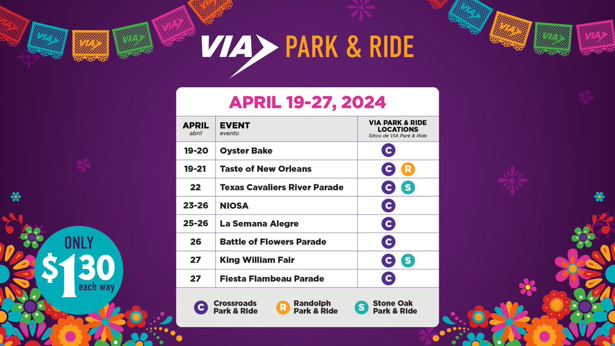 Skip the parking struggles and cruise straight to the fun with VIA Park & Ride! Visit VIAinfo.net/Fiesta to view service schedules, fares, and FAQs. #RideVIA #VivaFiestaSA2024 #SanAntonio