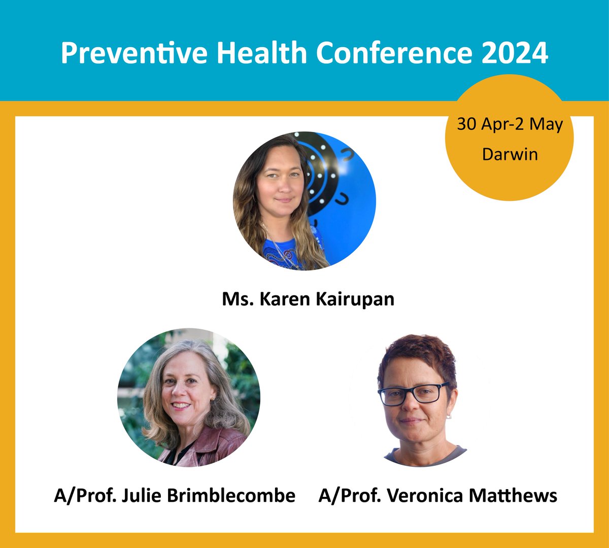 Register for #Prevention2024 to learn from these #PublicHealth & #FirstNationsHealth experts! We look forward to hearing from Karen Kairupan, Assoc Prof Julie Brimblecombe & Assoc Prof Veronica Matthews at Preventive Health in Darwin, 30 Apr - 2 May. @DrVMatthews @FoodForAllJulie