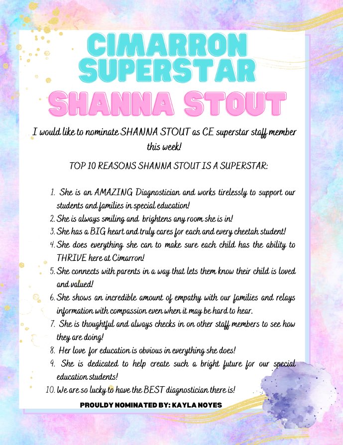 CimarronElem's tweet photo. Congratulations to Ms. Shanna Stout, this weekβs Cimarron SuperStar Staff Member! Ms. Stout was nominated by Ms. Notes, and will hold the SuperStar trophy π this week! ππππππ
#cecheetahs #itsalwayssunnyand70atcimarron #readyforthenextphase #newmoonisrising https://t.co/YZeyLmZCXH