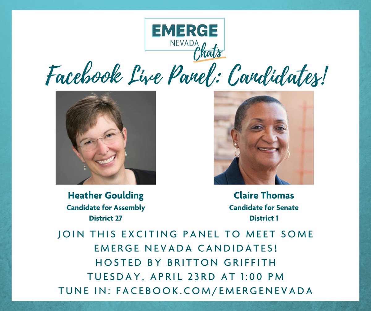 Next week on Emerge Chats, we'll be joined by @cithom11 running for Senate District 1, and Heather Goulding running Assembly 27! Join us on Tuesday at 1 pm 👋 Facebook.com/EmergeNevada