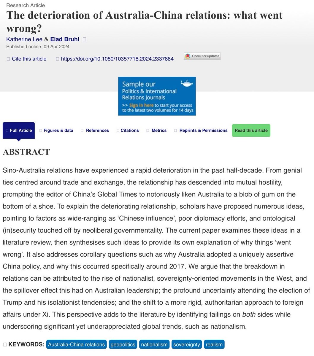 New online! A paper of interest to all concerned with the 🇨🇳 and 🇦🇺 relationship. Katherine Lee and Elad Bruhl ask - what went wrong? tinyurl.com/5xfj2mf6 ⬇️