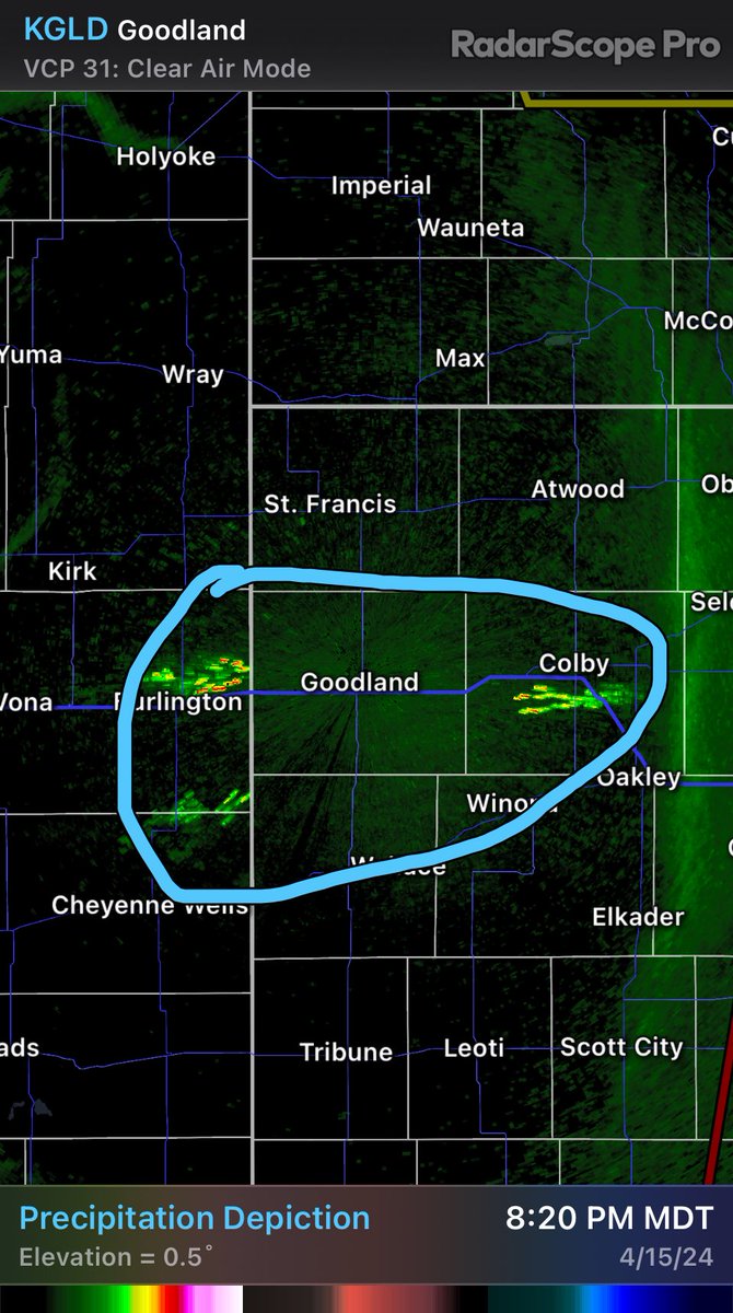 weatherclipper's tweet photo. KGLD - Precipitation Depiction 8:20 PM #kswx #newx #cowx What is this anomaly on radar!  Dust , or debris picked up by high winds? https://t.co/2nJXd1xt53