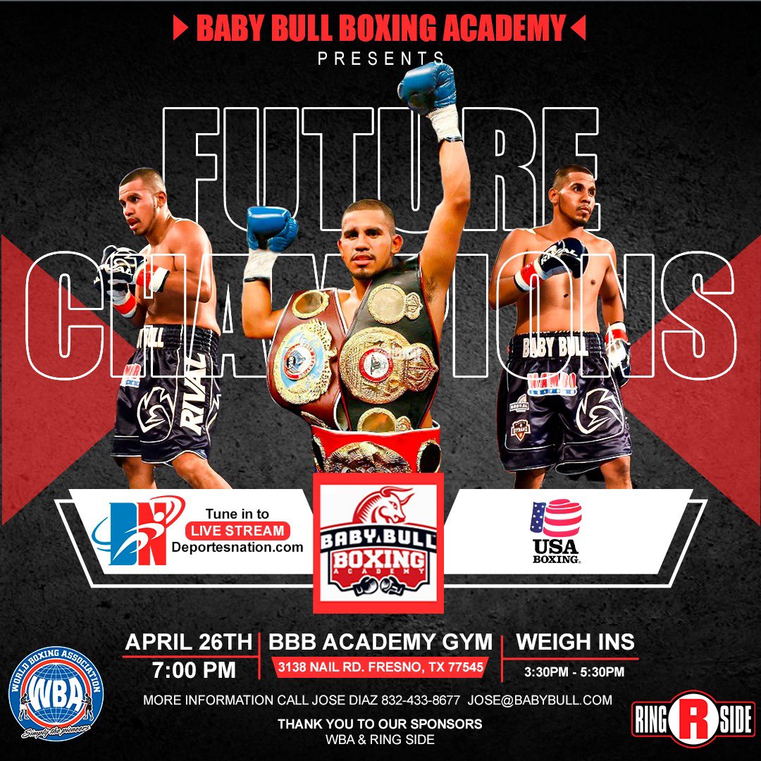 alexrparra's tweet photo. Looking forward to the @1Babybull #FutureChampions event coming up April 26. An amazing team coming together led by Juan “Baby Bull” Diaz, @GilberticoWBA @WBABoxing @USABoxing @babybullboxing @PTSMediaSports Prepárense para un evento único. #HoustonBoxing #BoxeoenHouston #Boxing https://t.co/38yHOjfm6o