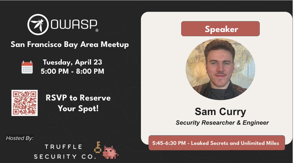 🐝Join us next week on 4/23 from 5-8pm for the @OWASPBayArea Meetup in SF. 🌟We are excited to welcome @samwcyo as one of our featured speakers! Sam will be talking about Leaked Secrets and Unlimited Miles. ✈️ 👉 Secure your spot now: meetup.com/bay-area-owasp…