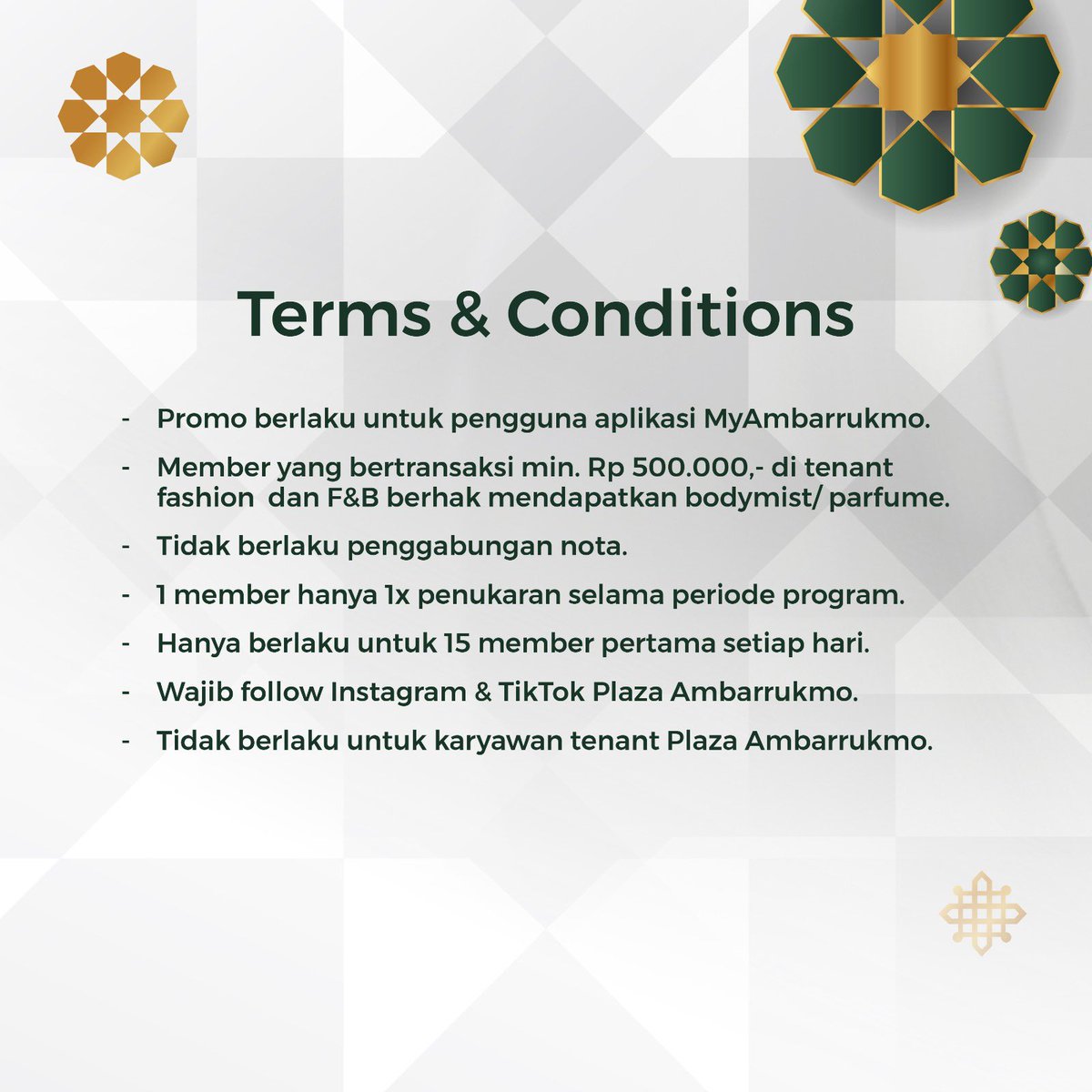 ✨LADIES SHOPPING DAY✨

20 - 21 April 2024
Special hari Kartini dapatkan gift khusus bagi member wanita  yang berbelanja dengan minimal Rp.500.000,- di tenant fashion dan F&amp;B untuk 15 gift per harinya✨

Syarat &amp; ketentuan berlaku😉