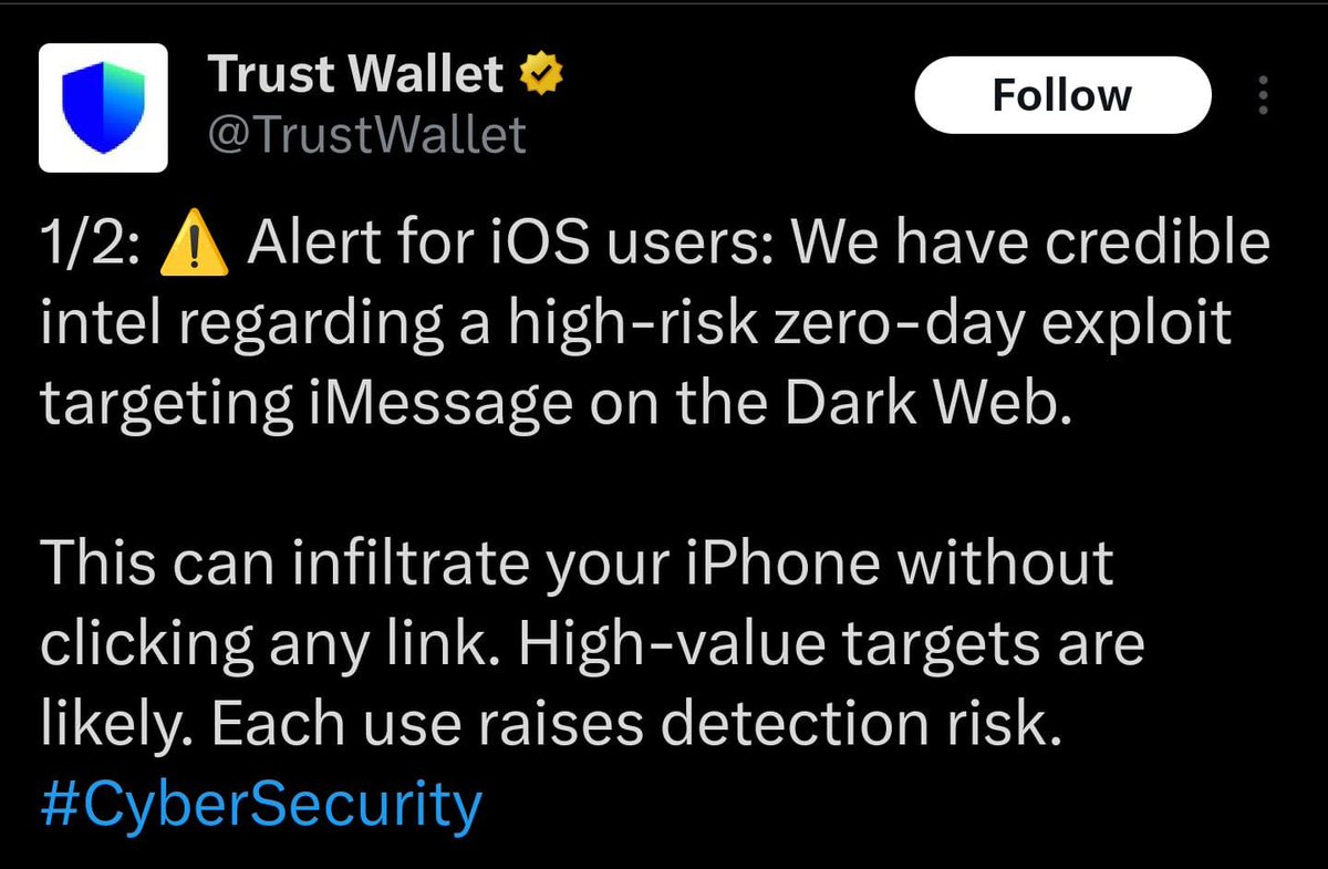 blockfence_io's tweet photo. 🚨0day & zero-click potential exploits on Telegram and iMessage 🚨
Last week, an exploit for Telegram was published that allowed RCE (Remote Code Execution) on the attacked device simply by sending it a message with a malicious attachment. It is called a zero-click attack because it does not require the user to do anything (not even a click); just by receiving the message, they will become infected. After infecting the device, they steal private keys, passwords, cookies with logged sessions, etc.
The vulnerability in Telegram affected its desktop version, which has already been patched (fixed).
Today, TrustWallet announced a similar potential exploit for Apple's iMessage (which has not yet been verified to be real).
In both cases, these exploits take advantage of the files that auto-download and execute malicious code when the thumbnail of this downloaded image is generated on our device.
How can we avoid these exploits and potential future exploits in both Telegram, WhatsApp, and iMessage? (nothing reported on WhatsApp yet, but we can be proactive)
👇