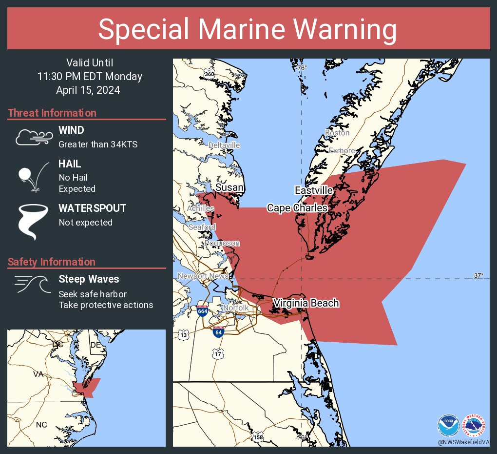 Special Marine Warning including the Coastal waters from Parramore Island to Cape Charles Light VA out 20 nm, Coastal Waters from Cape Charles Light to Virginia-North Carolina border out to 20 nm and Chesapeake Bay from New Point Comfort to Little Creek VA until 11:30 PM EDT