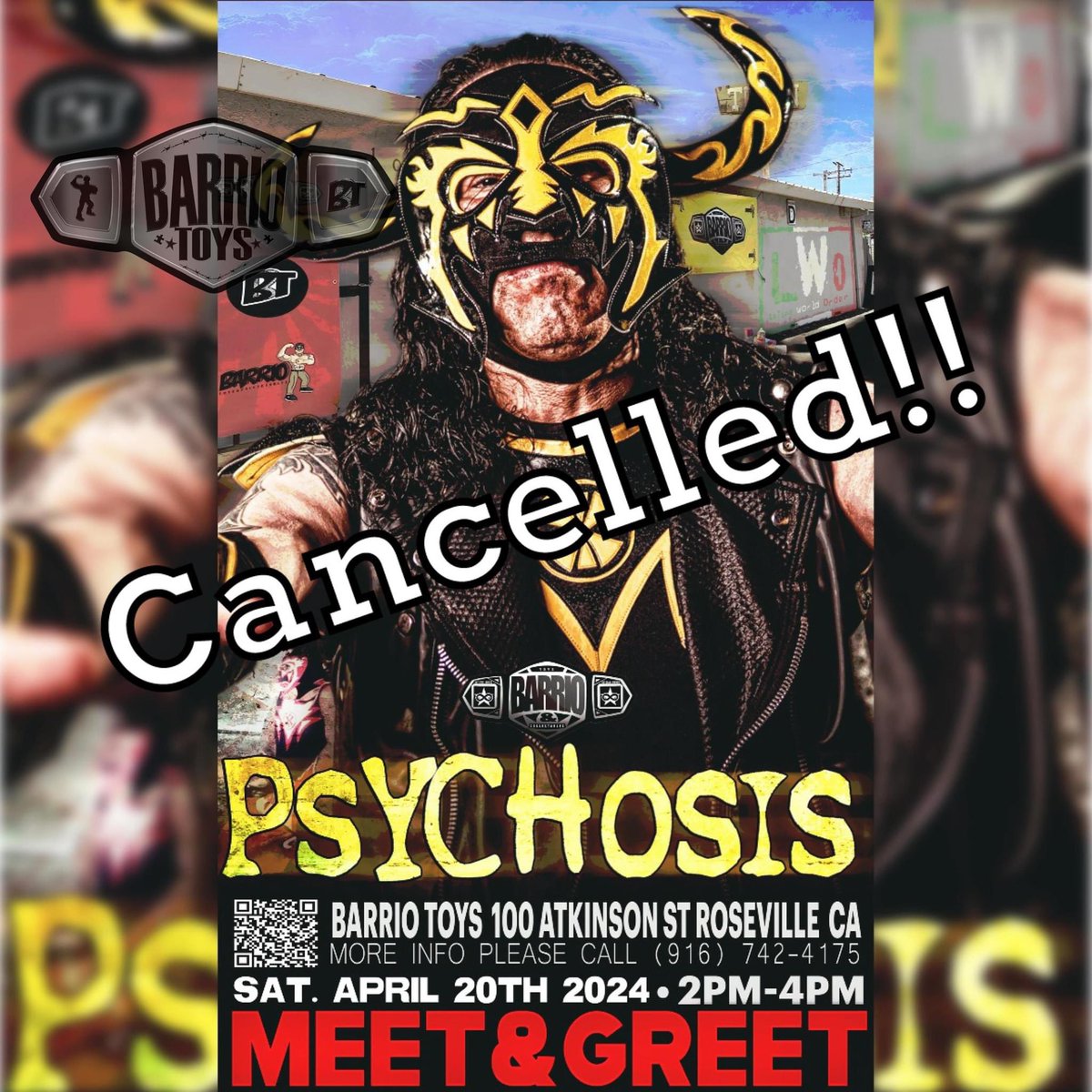 Wanted to let the public know, we (@BarrioToys) will not be having the meet and greet with @PsicosisOficial this Saturday in Roseville, per his health and doctors orders. We have been in constant contact with Nicho and also @maskedrepublic , his recovery time has been very slow.…