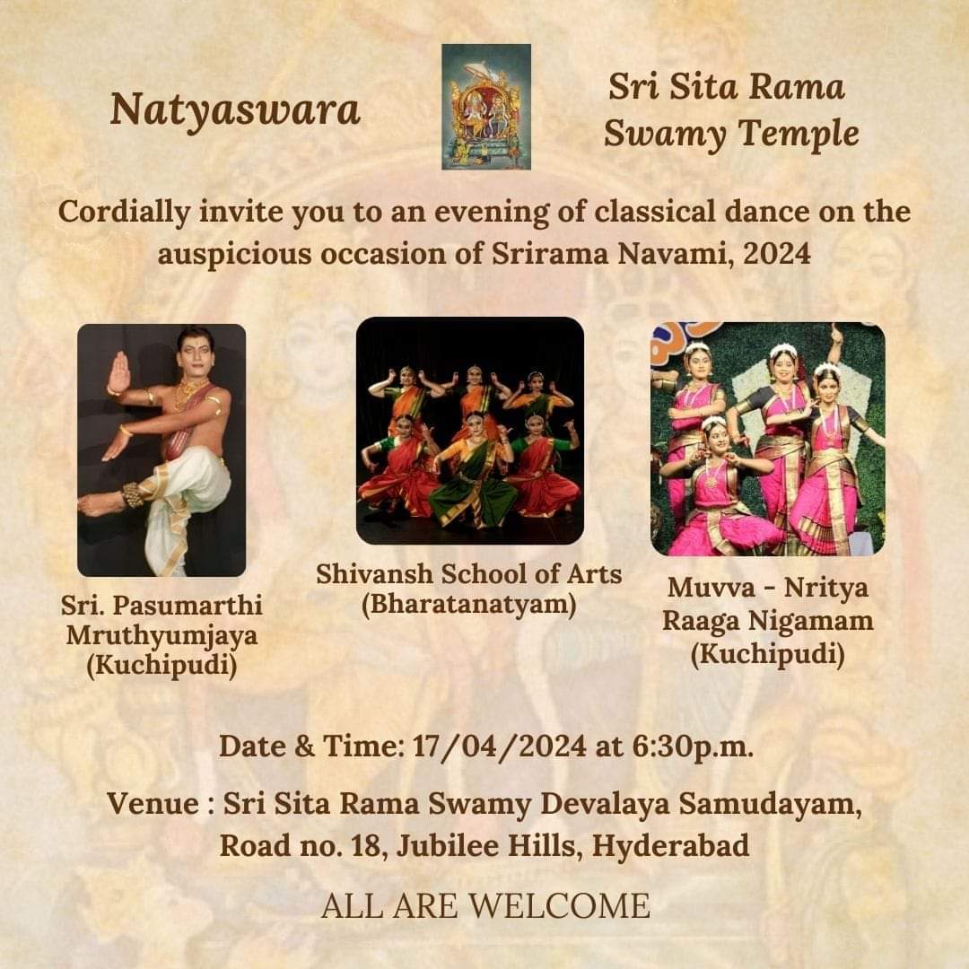 MuvvaDance's tweet photo. Team Muvva performing on Shri Rama Navami at the Sri Seeta Rama Swamy Devalaya Temple on 17th April at 6:30pm 
Thanking Natya Swara for the opportunity. 
Do come and watch the beautiful performances on this festive ocassion 🙏
#performance #Kuchipudi #ramayalamtemple #Hyderabad https://t.co/SYzxlXV5bx