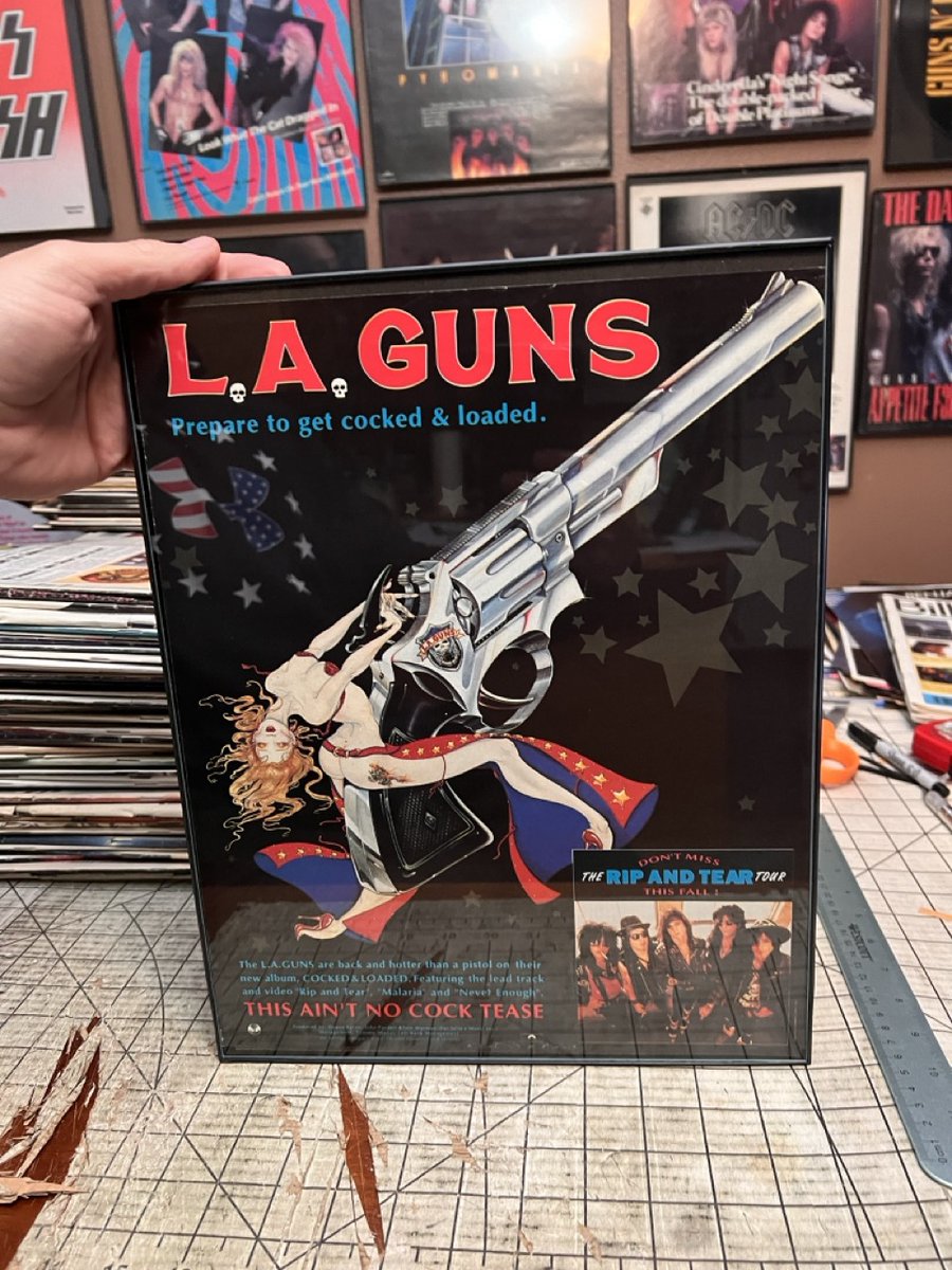 HairMetalGuru's tweet photo. Newly framed #hairmetal: Vintage 1989 ad for the #CockedandLoaded album from #LAGuns. https://t.co/DePcAQAVaB