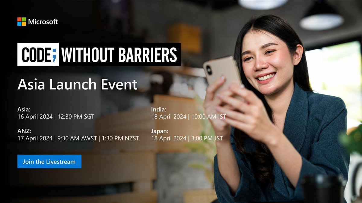PhantipK's tweet image. Join us live for the #CodeWithoutBarriers launch for Asia on 16 - 18 April!

Hear from leaders on empowering women in tech, celebrate diversity, connect with allies, and build inclusive tech communities.

#Microsoft