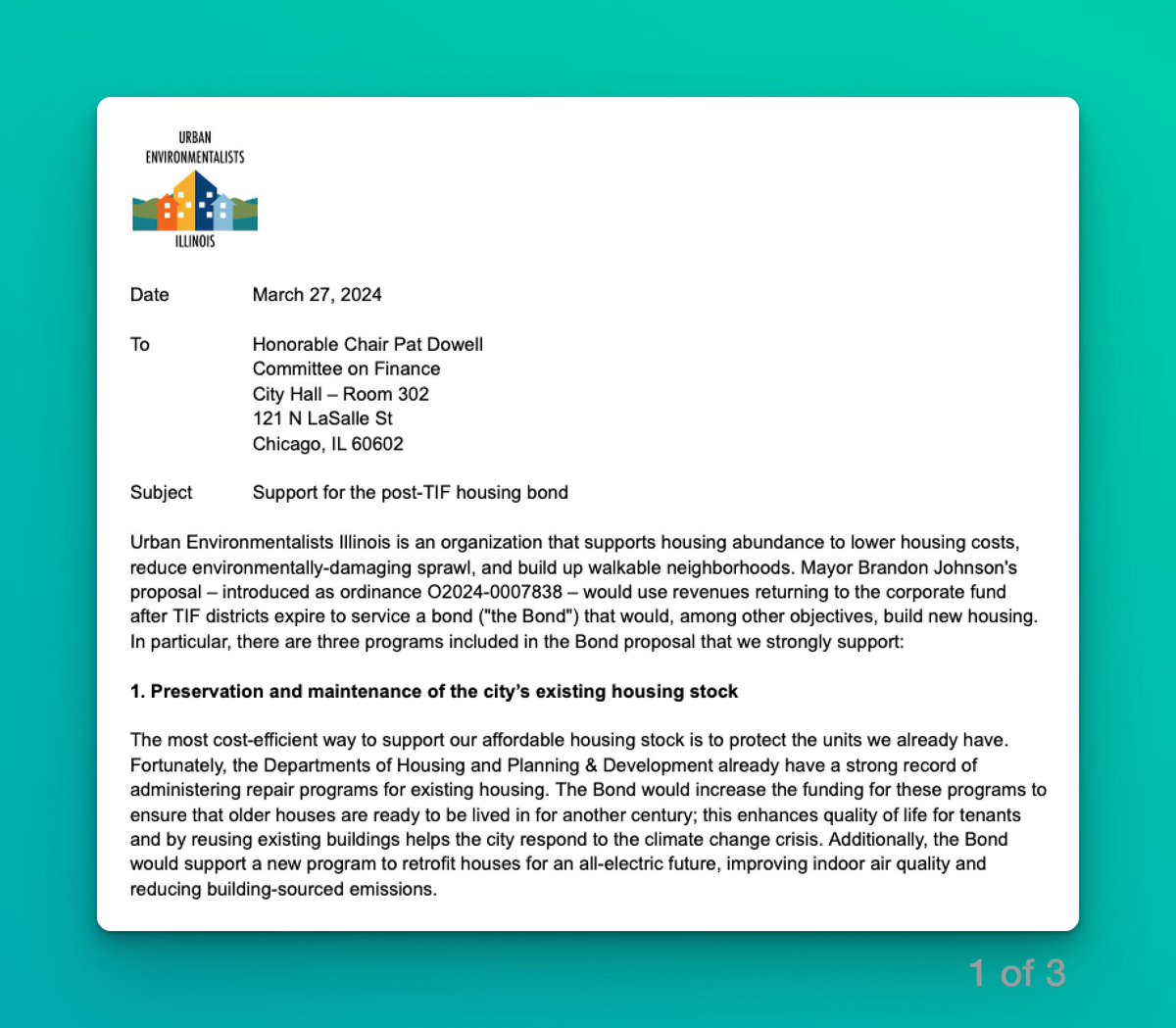 Urban Environmentalists IL supports Mayor Johnson's housing bond, which represents one of the biggest public investments in new and existing housing in Chicago in decades. Here is the letter of support we sent to Finance Committee Chair @AldPatDowell3rd. (1/3) 🧵