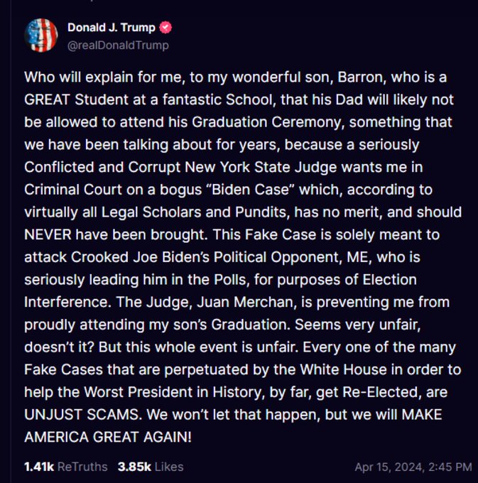 Barron's HS graduation is scheduled for Friday May 17th. A day that the court will not even be in session. He literally has to LIE about everything. If he misses Barron's ceremony, it'll probably be for a Trump rally. #TrumpLies #TrumpisaNationalDisgrace #CryBabyTrump #LockHimUp