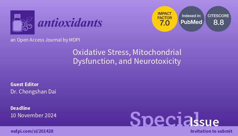 📢After the success of the #SpecialIssue edition in 2023, Dr. Dai is now leading 'Oxidative Stress, Mitochondrial Dysfunction, and Neurotoxicity' in 2024! 👉Read the 6 published papers in 2023 edition at mdpi.com/si/117920 👉Submit your papers at mdpi.com/si/201428