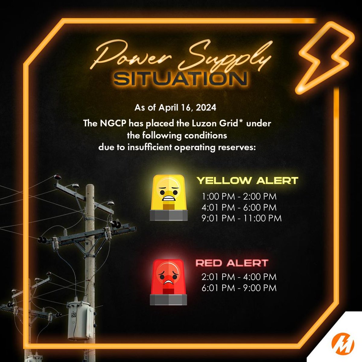 According to the National Grid Corporation of the Philippines, ngayong April 16, 2024, ay magkakaroon ng kakulangan sa supply ng kuryente dahil sa kakulangan ng power reserves ng mga Power Plants.